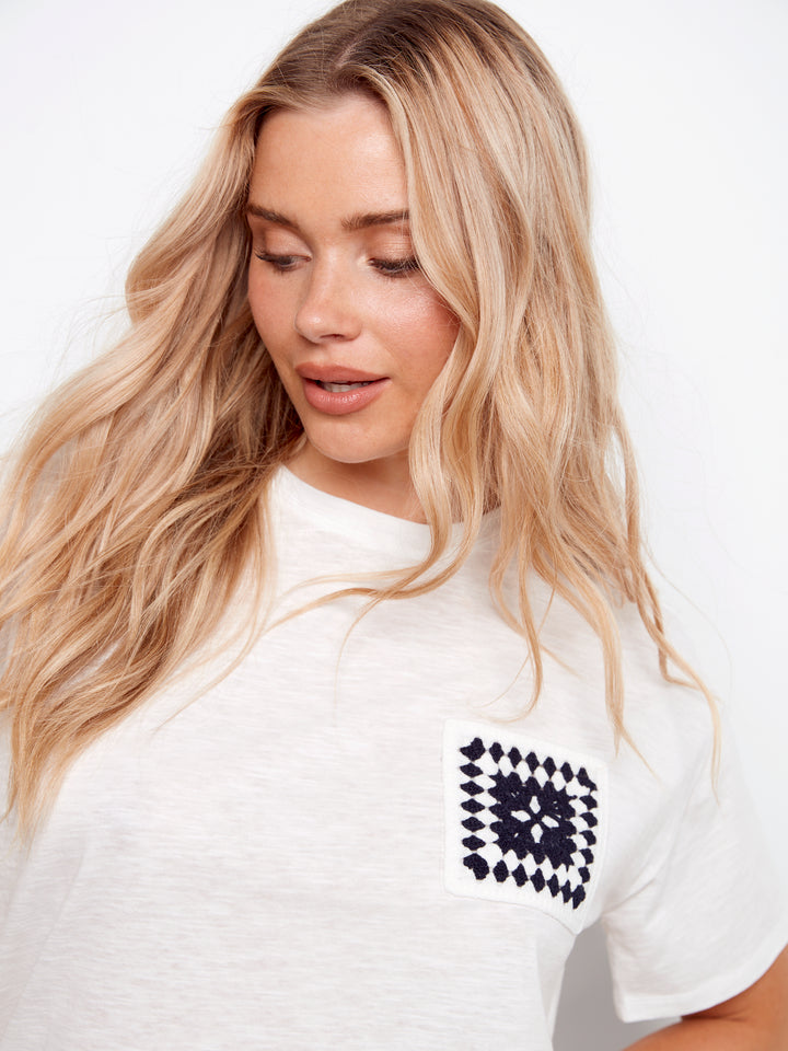 Charlie B Organic Cotton T-Shirt w/ Crochet Chest Pocket - White
