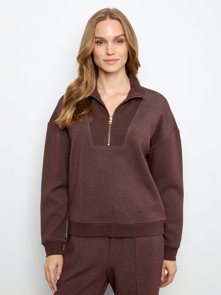 Charlie B Long Sleeve Half-Zip High Collar Sweatshirt - Espresso