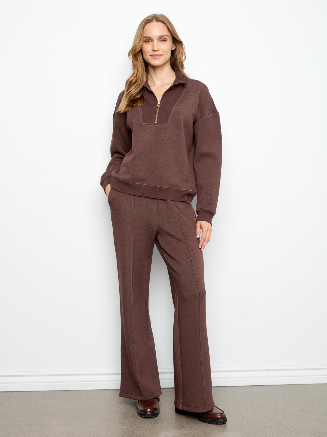 Charlie B Long Sleeve Half-Zip High Collar Sweatshirt - Espresso