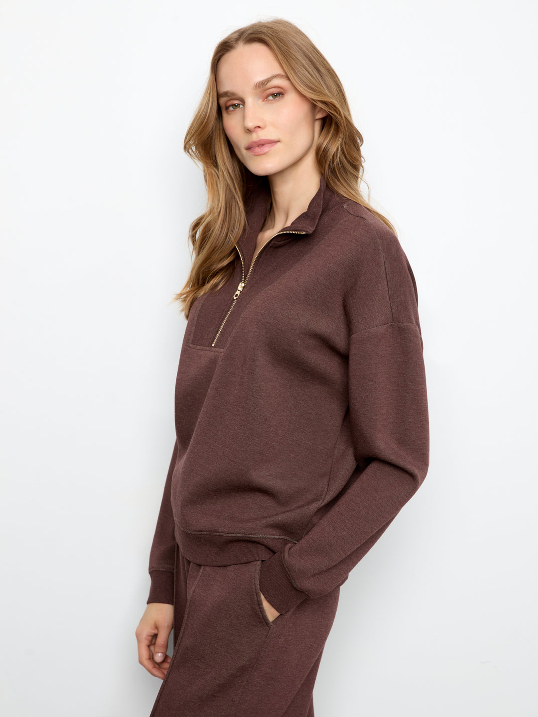Charlie B Long Sleeve Half-Zip High Collar Sweatshirt - Espresso