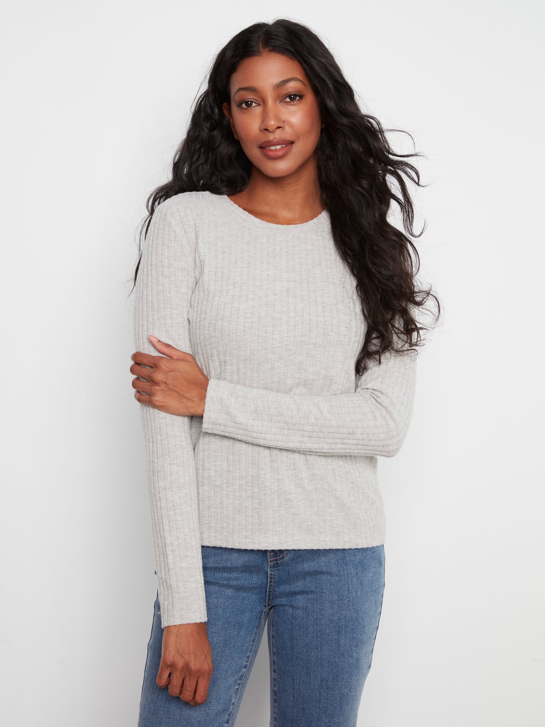 Charlie B Long Sleeve Crew Neck Top - Heather Grey
