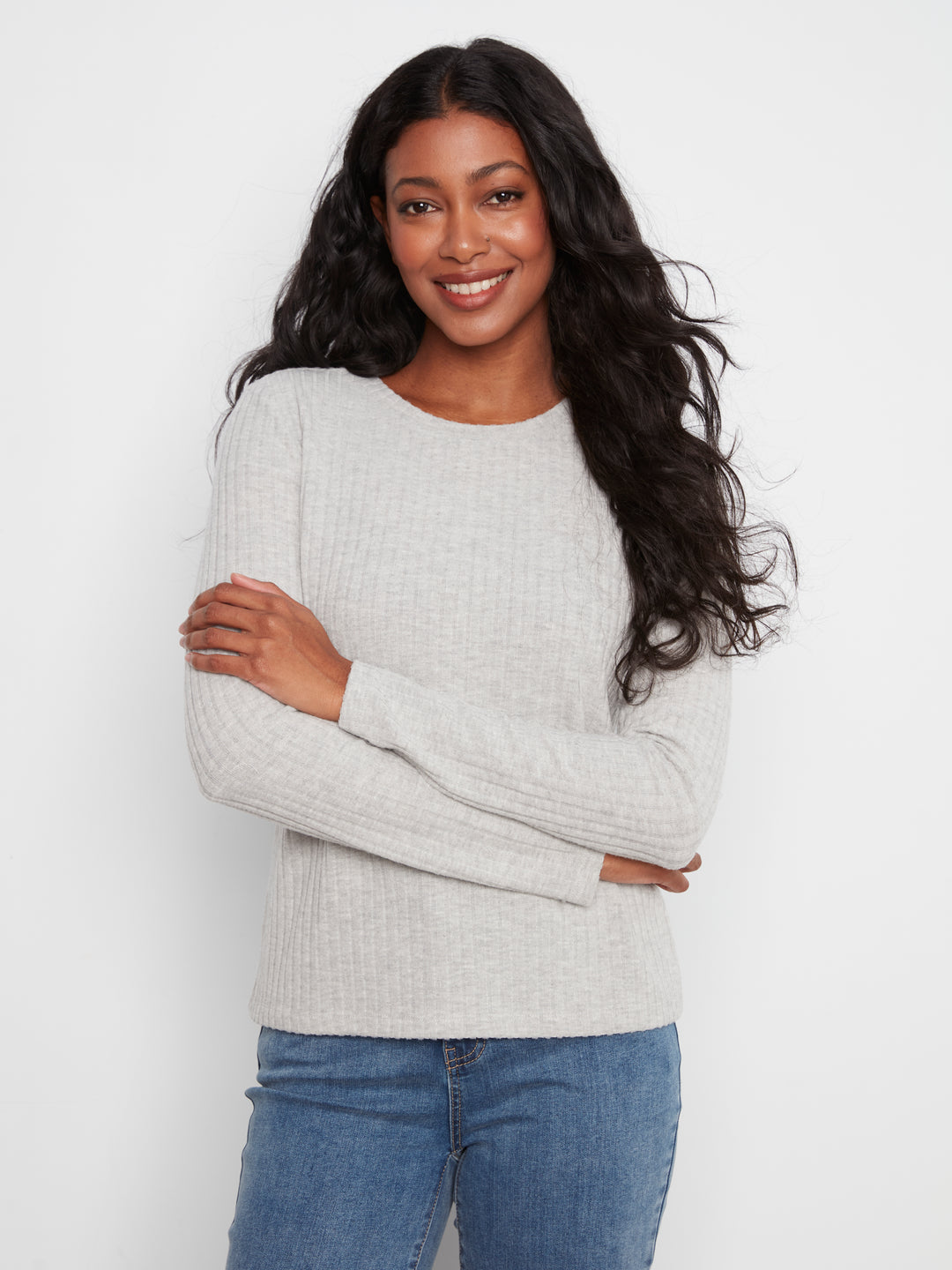 Charlie B Long Sleeve Crew Neck Top - Heather Grey
