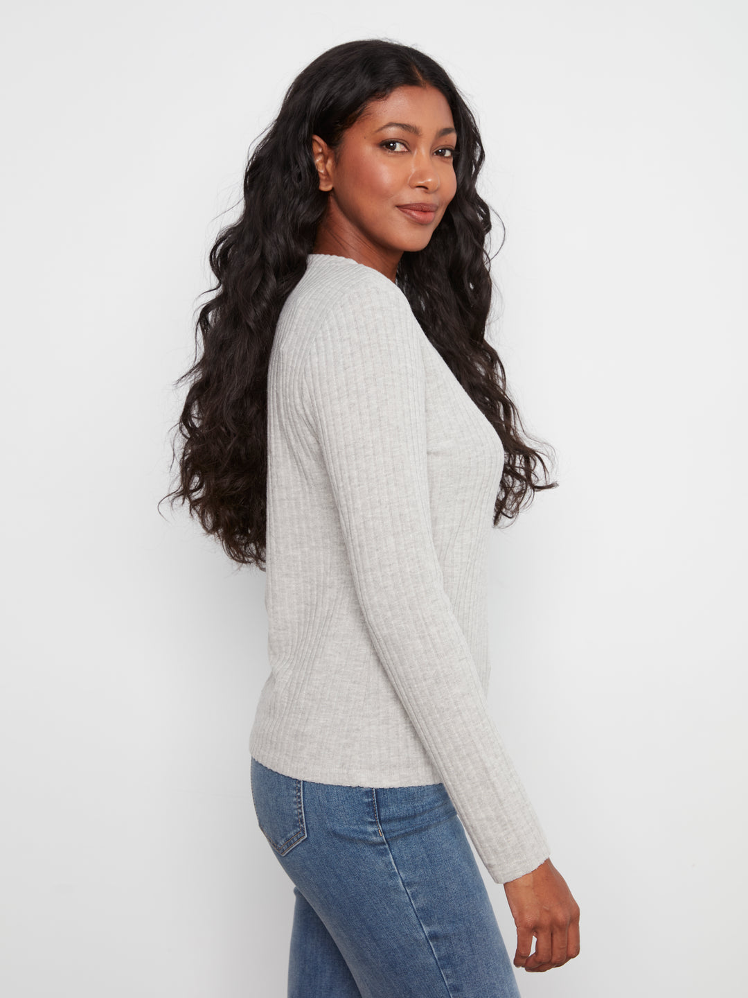 Charlie B Long Sleeve Crew Neck Top - Heather Grey