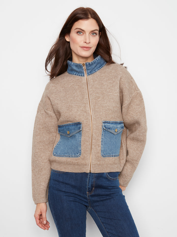 Charlie B Long Sleeve Zipped Sweater Jacket w/ Denim Pockets