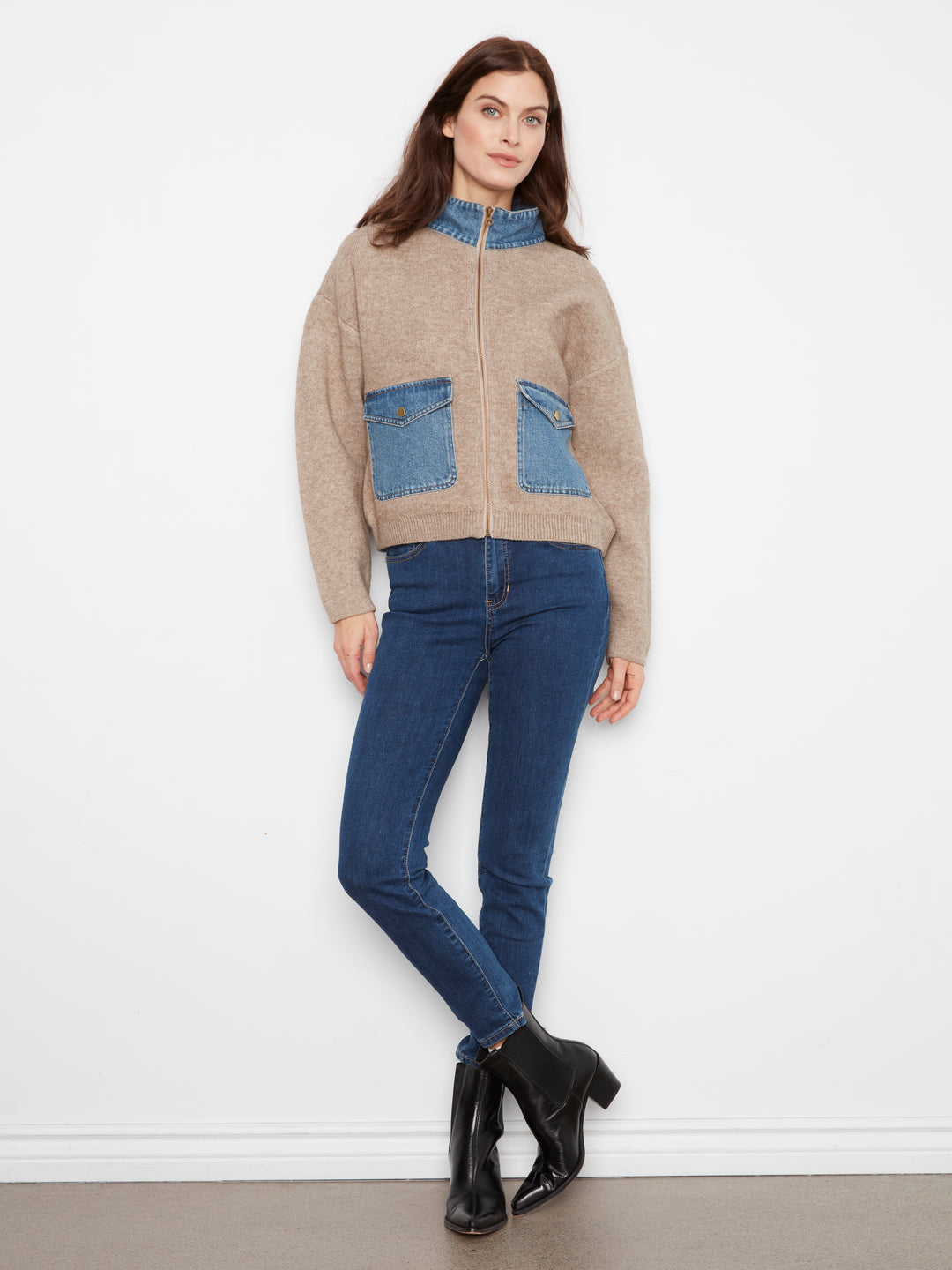 Charlie B Long Sleeve Zipped Sweater Jacket w/ Denim Pockets