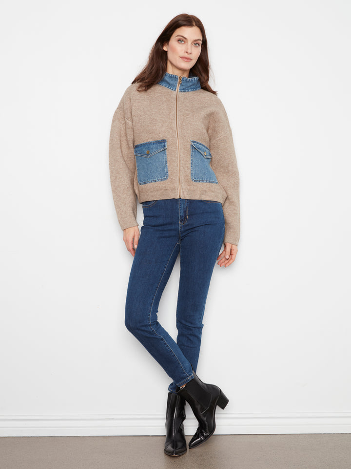Charlie B Long Sleeve Zipped Sweater Jacket w/ Denim Pockets