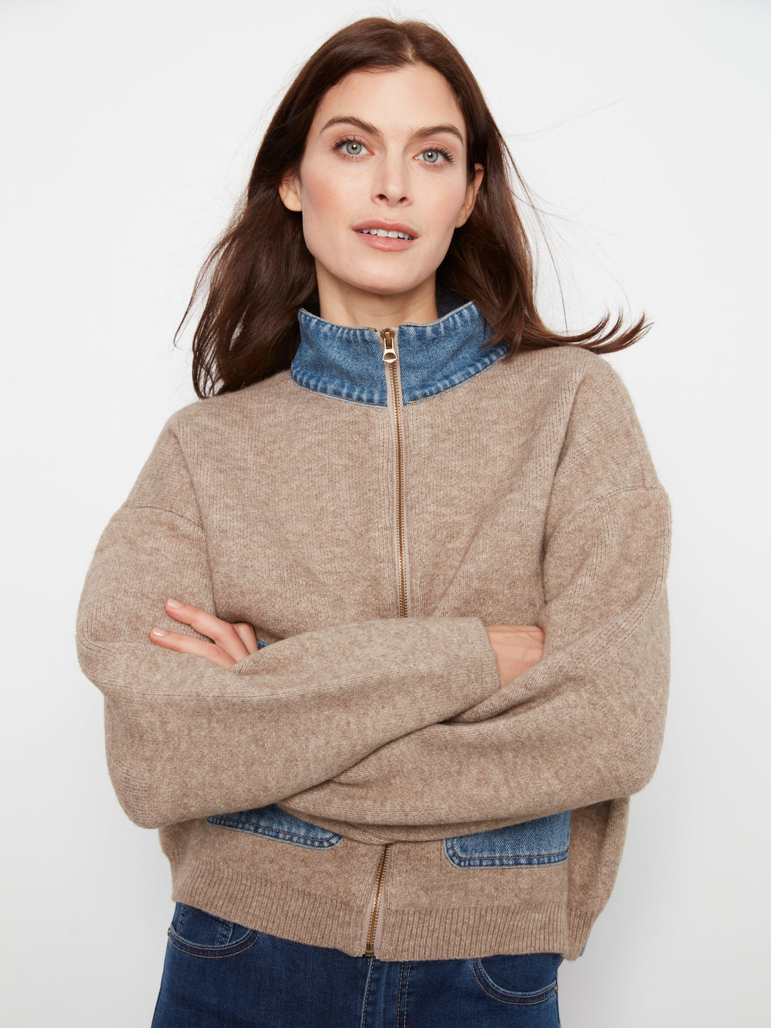 Charlie B Long Sleeve Zipped Sweater Jacket w/ Denim Pockets