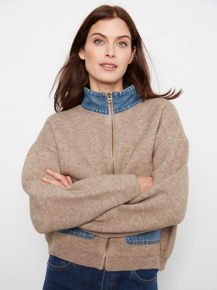 Charlie B Long Sleeve Zipped Sweater Jacket w/ Denim Pockets