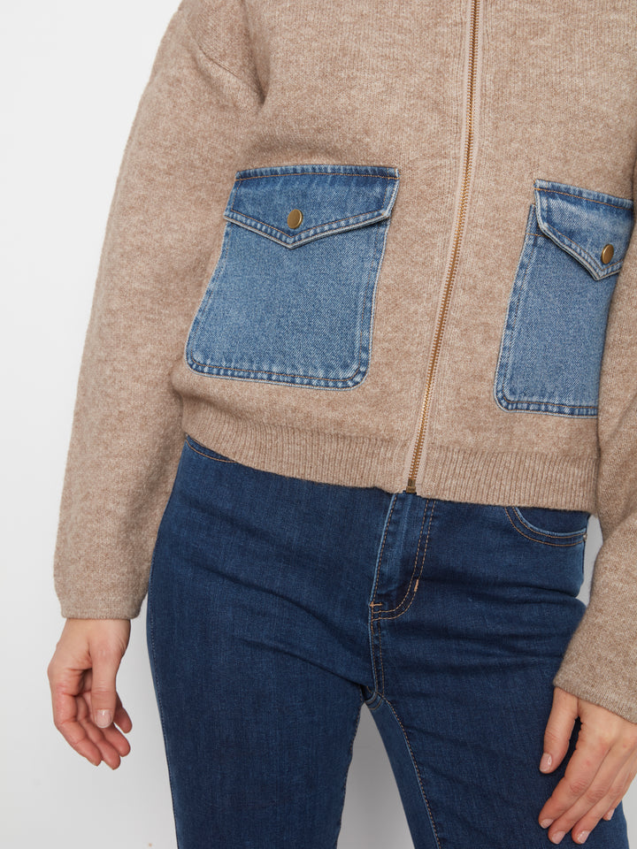 Charlie B Long Sleeve Zipped Sweater Jacket w/ Denim Pockets