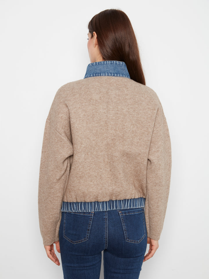 Charlie B Long Sleeve Zipped Sweater Jacket w/ Denim Pockets