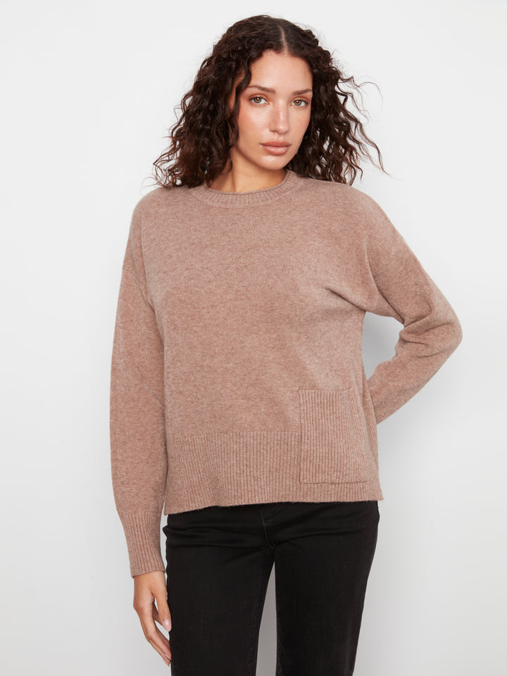 Charlie B Crew Neck Cropped Sweater with Pocket - Taupe