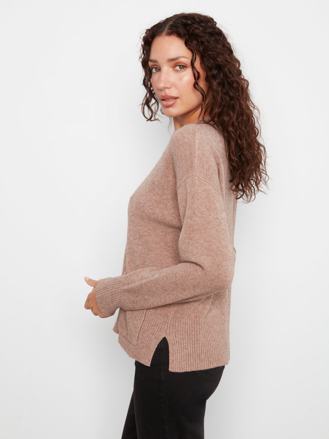 Charlie B Crew Neck Cropped Sweater with Pocket - Taupe