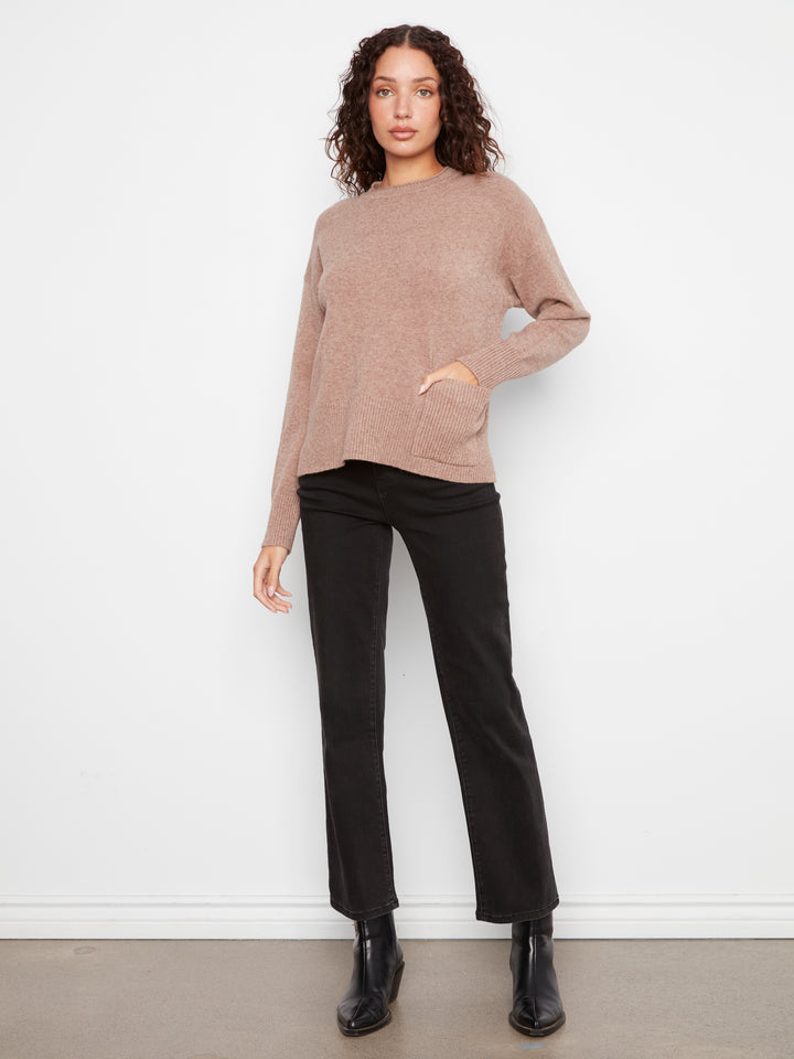 Charlie B Crew Neck Cropped Sweater with Pocket - Taupe