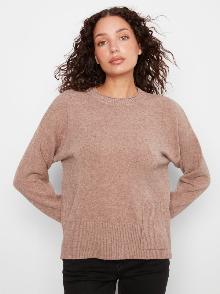 Charlie B Crew Neck Cropped Sweater with Pocket - Taupe