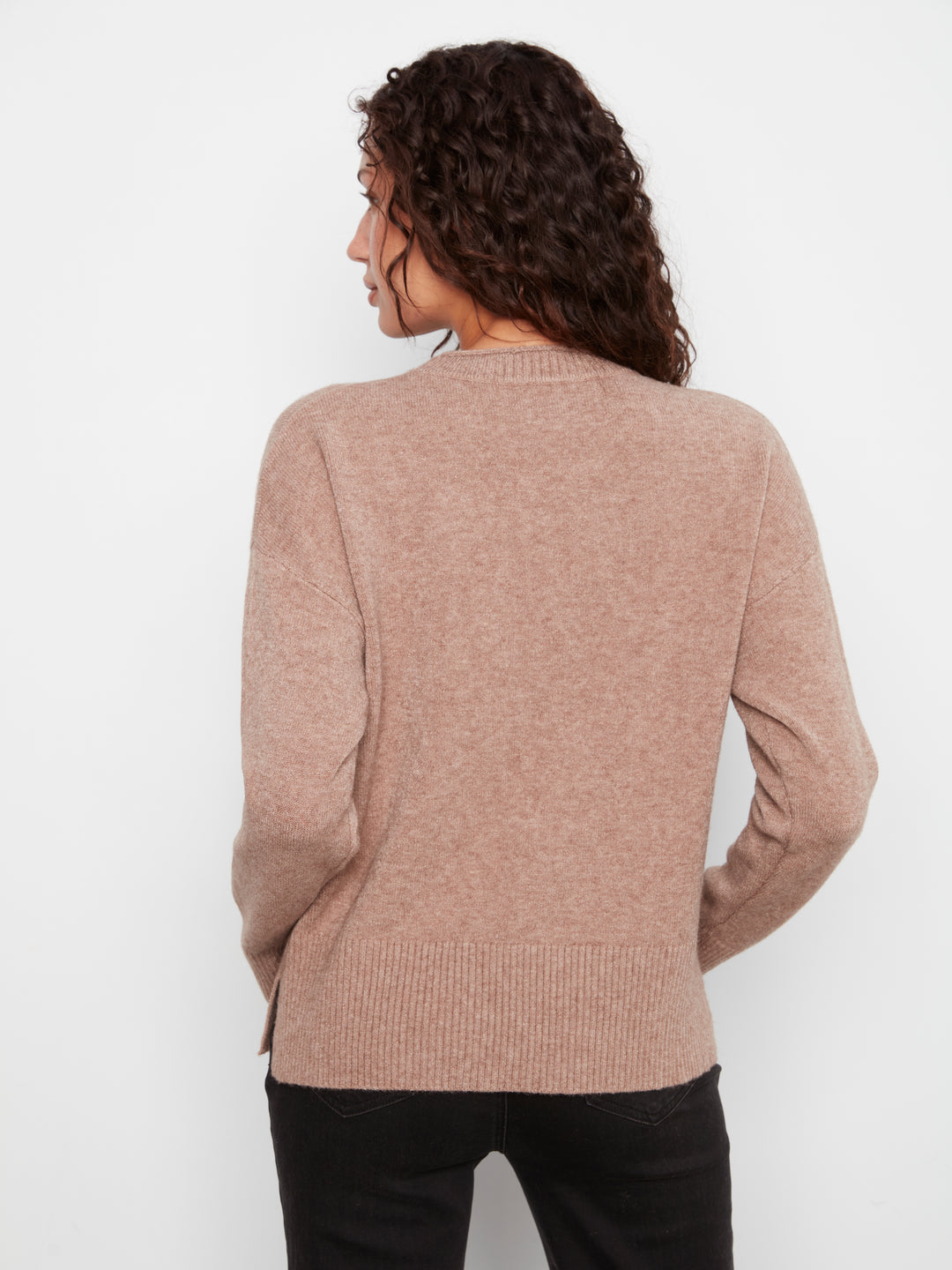 Charlie B Crew Neck Cropped Sweater with Pocket - Taupe
