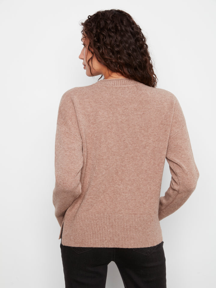 Charlie B Crew Neck Cropped Sweater with Pocket - Taupe