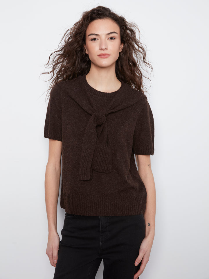 Charlie B Short Sleeve Crew Neck Sweater - Coffee