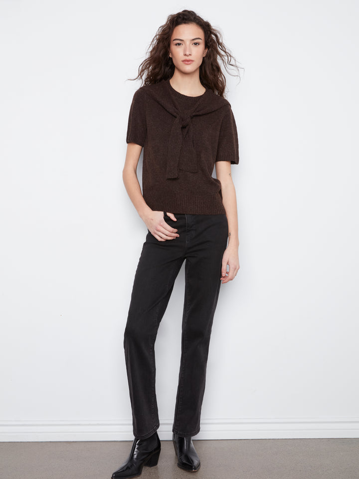 Charlie B Short Sleeve Crew Neck Sweater - Coffee