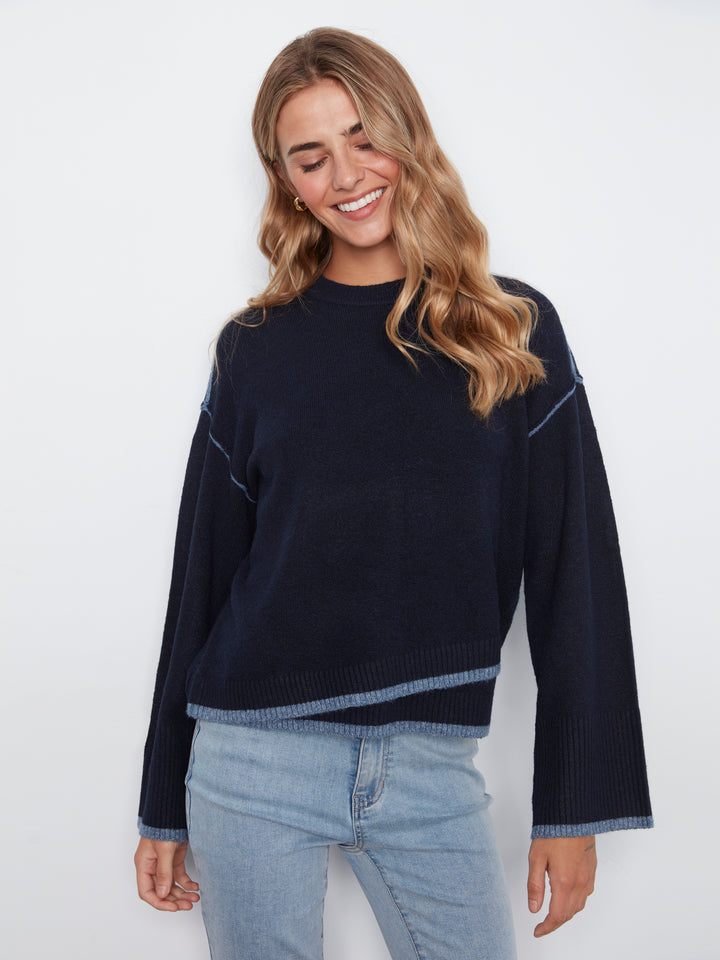 Charlie B Wide Long Sleeve Drop Shoulder Sweater - Navy