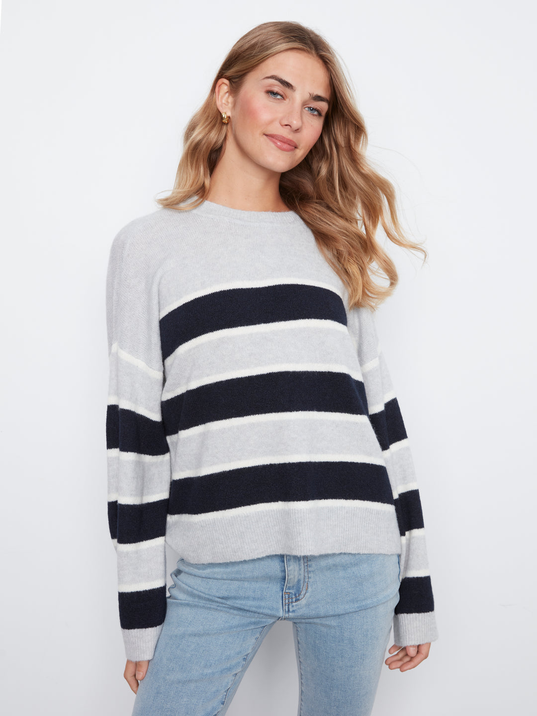 Charlie B Long Sleeve Crew Neck Striped Sweater - Light Grey