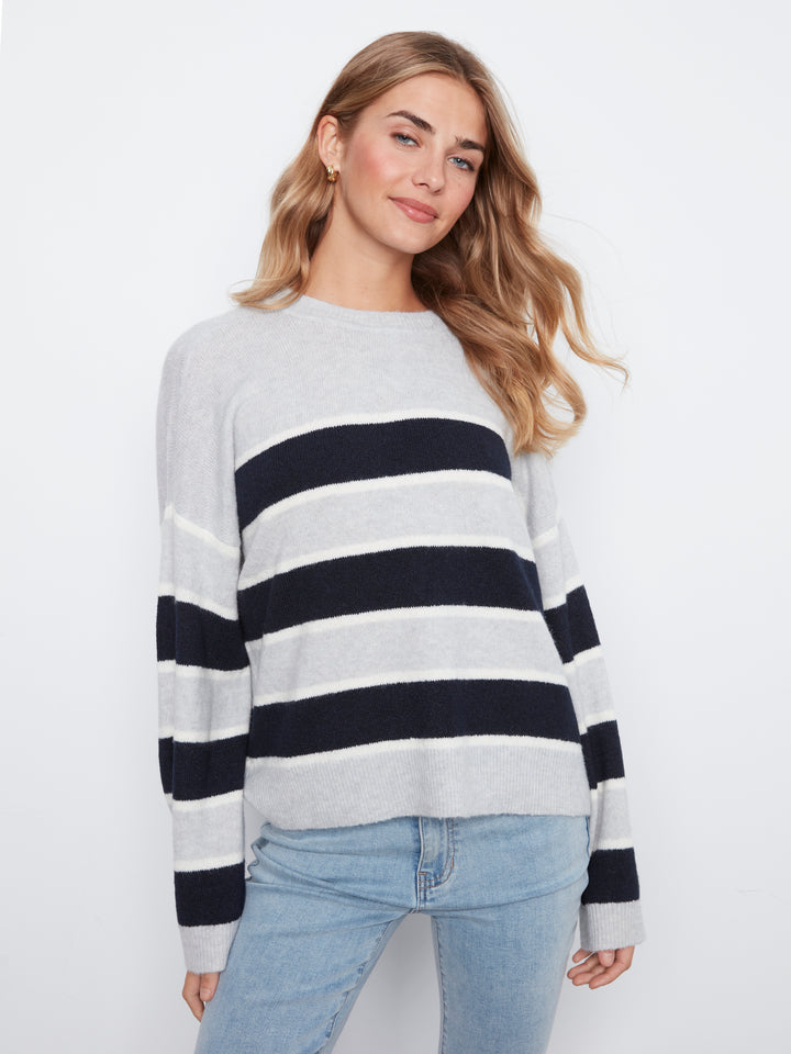 Charlie B Long Sleeve Crew Neck Striped Sweater - Light Grey