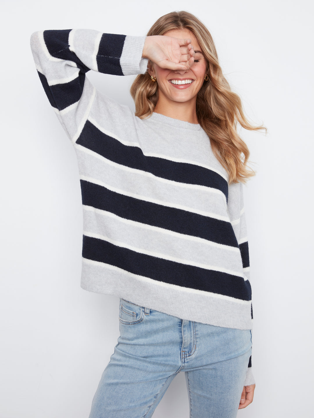 Charlie B Long Sleeve Crew Neck Striped Sweater - Light Grey
