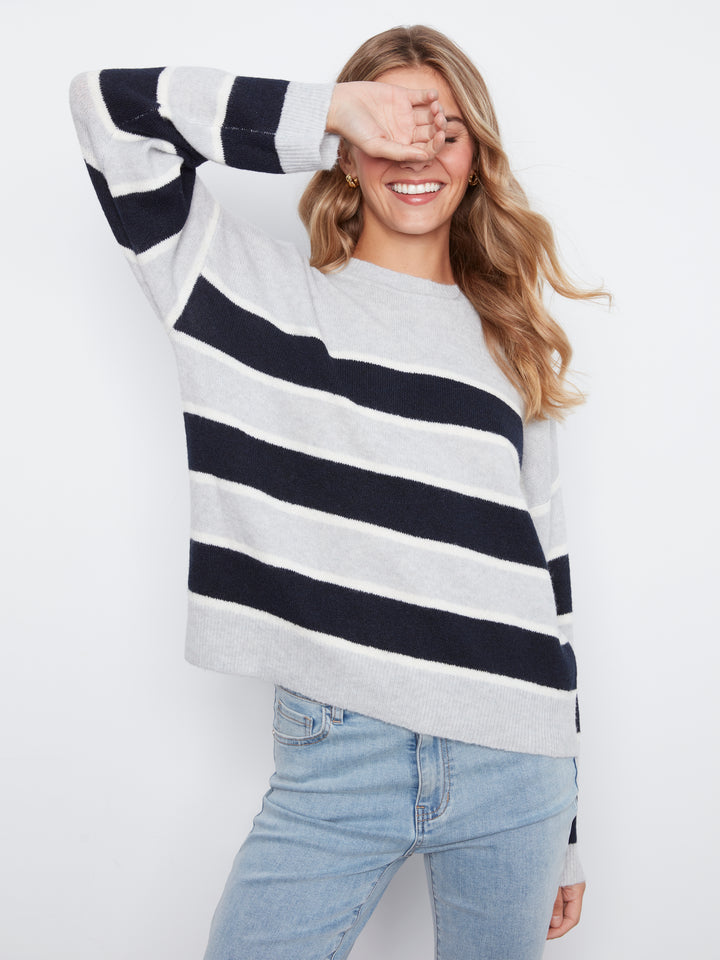 Charlie B Long Sleeve Crew Neck Striped Sweater - Light Grey