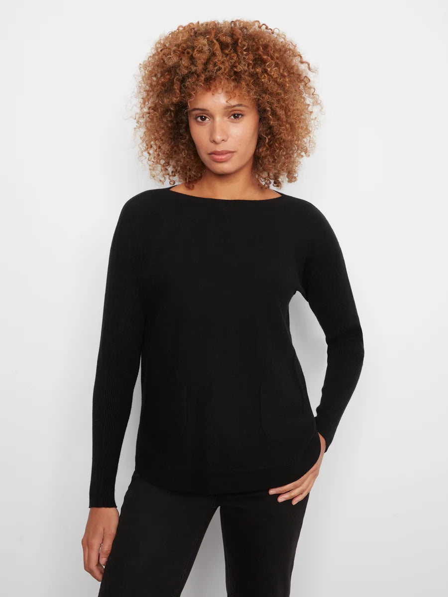 Charlie B Boat Neck Sweater w/ Pockets And Eyelets Detail - Black
