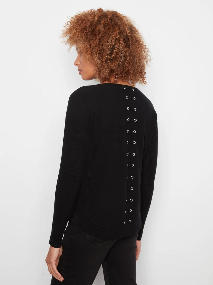 Charlie B Boat Neck Sweater w/ Pockets And Eyelets Detail - Black