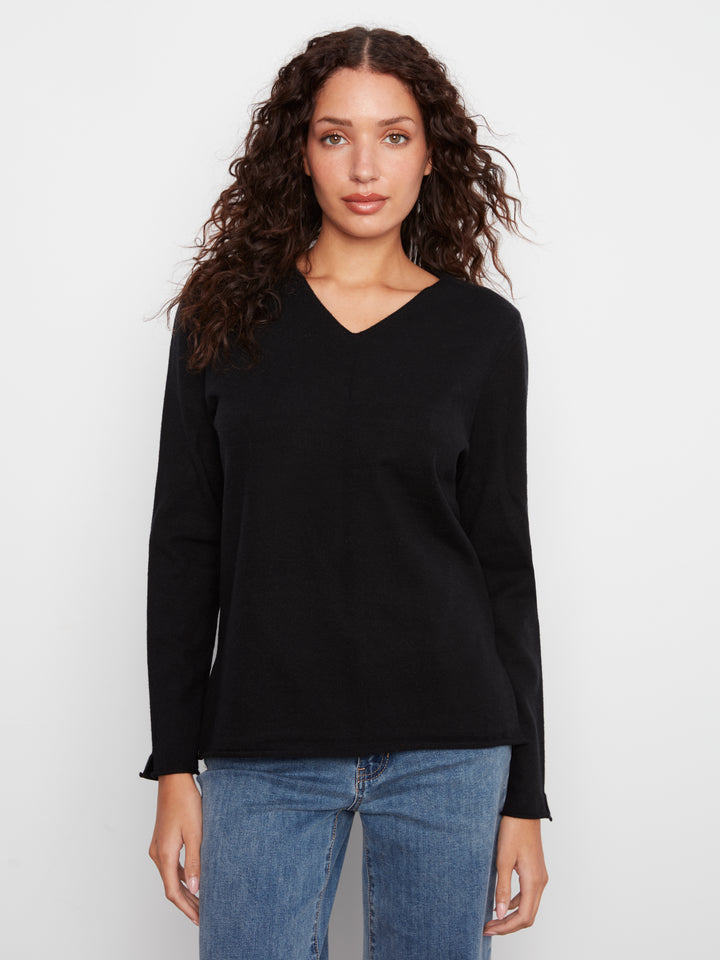 Charlie B Long Sleeve V Neck Sweater - Black