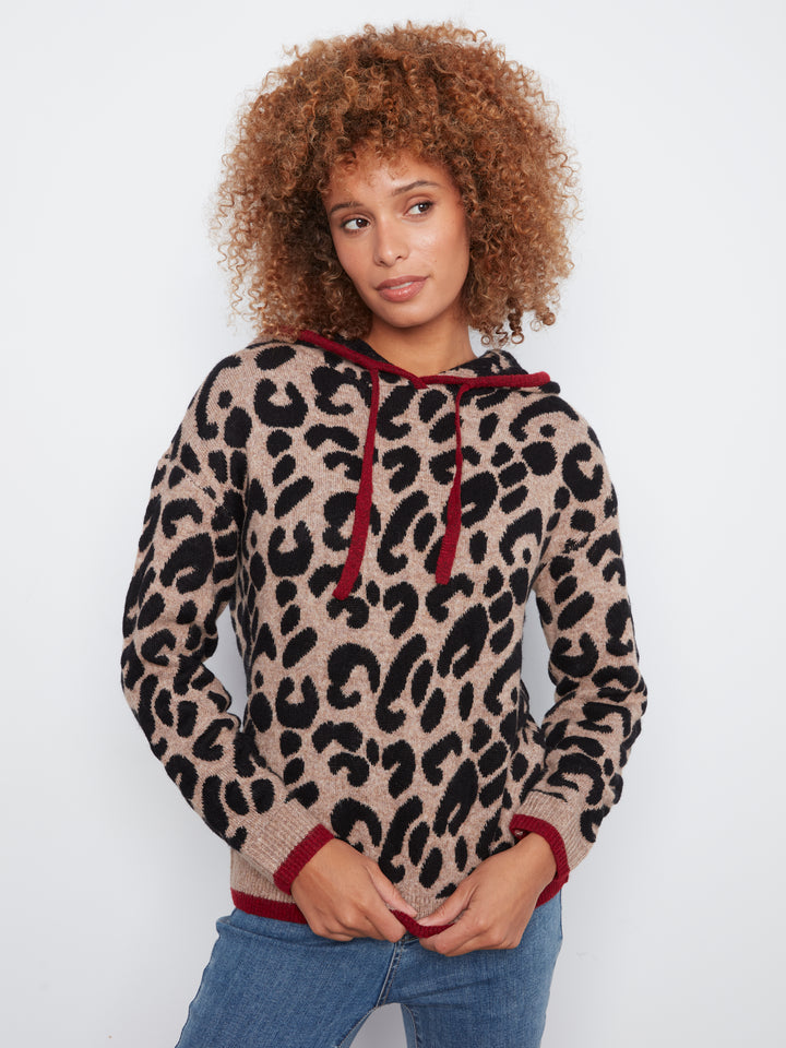 Charlie B Long Sleeve Drop Shoulder Hooded Sweater - Animal