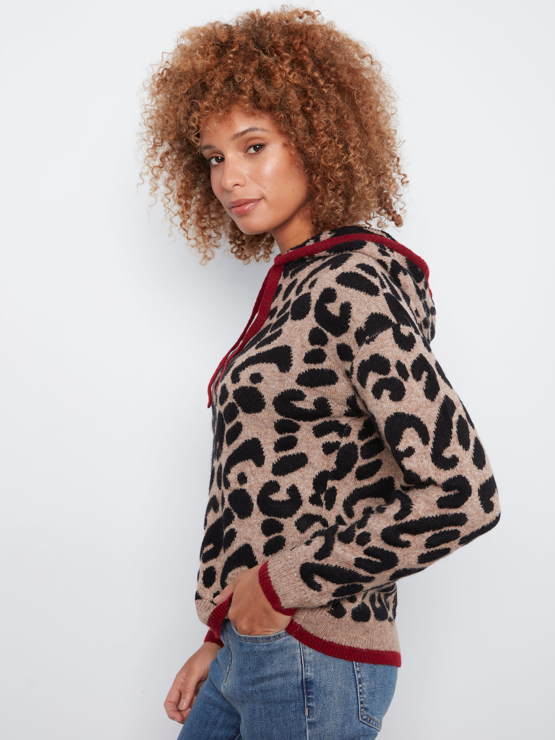 Charlie B Long Sleeve Drop Shoulder Hooded Sweater - Animal