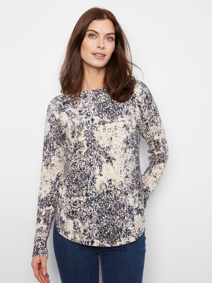 Charlie B Long Sleeve Drop Shoulder Printed Boat Neck Sweater w/ Pocket