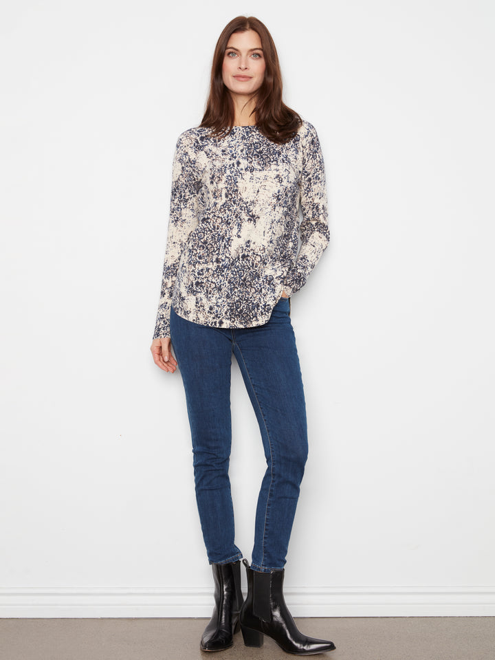 Charlie B Long Sleeve Drop Shoulder Printed Boat Neck Sweater w/ Pocket