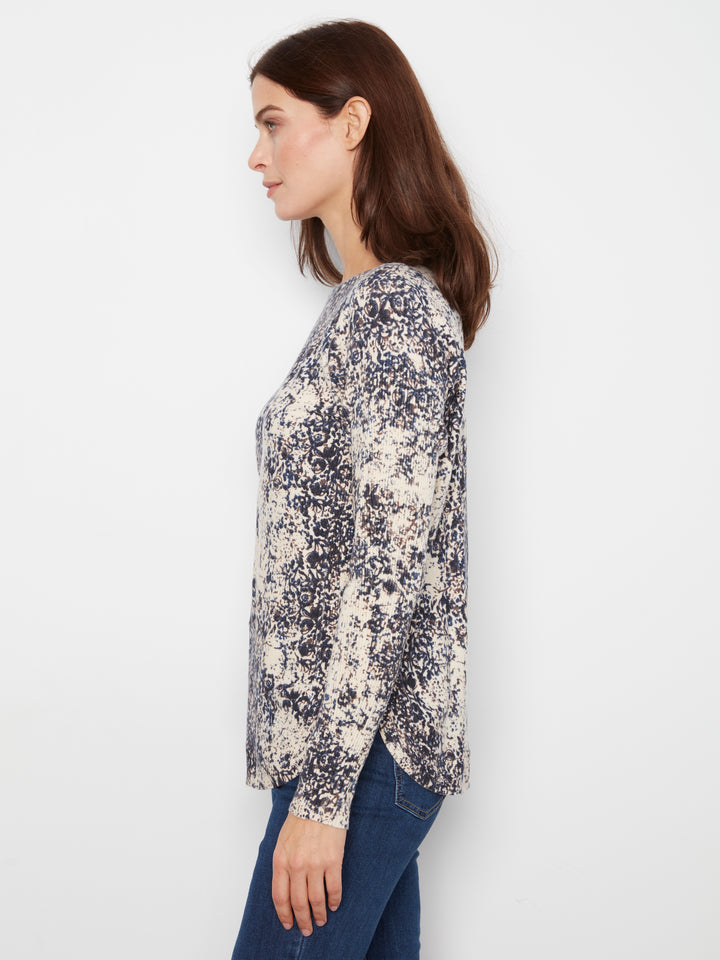 Charlie B Long Sleeve Drop Shoulder Printed Boat Neck Sweater w/ Pocket