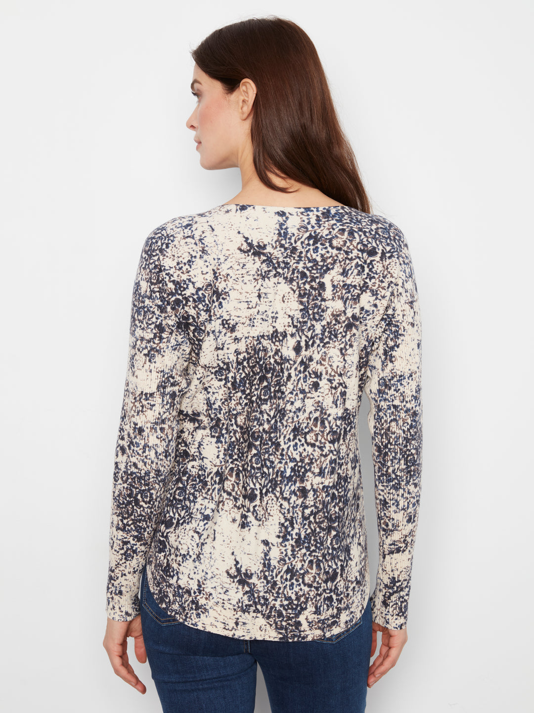 Charlie B Long Sleeve Drop Shoulder Printed Boat Neck Sweater w/ Pocket