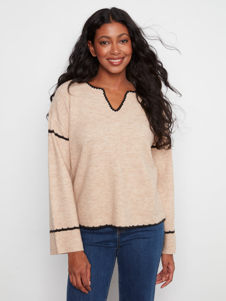 Charlie B Embroidered Ribbed Sweater w/ Notch Neck - Almond
