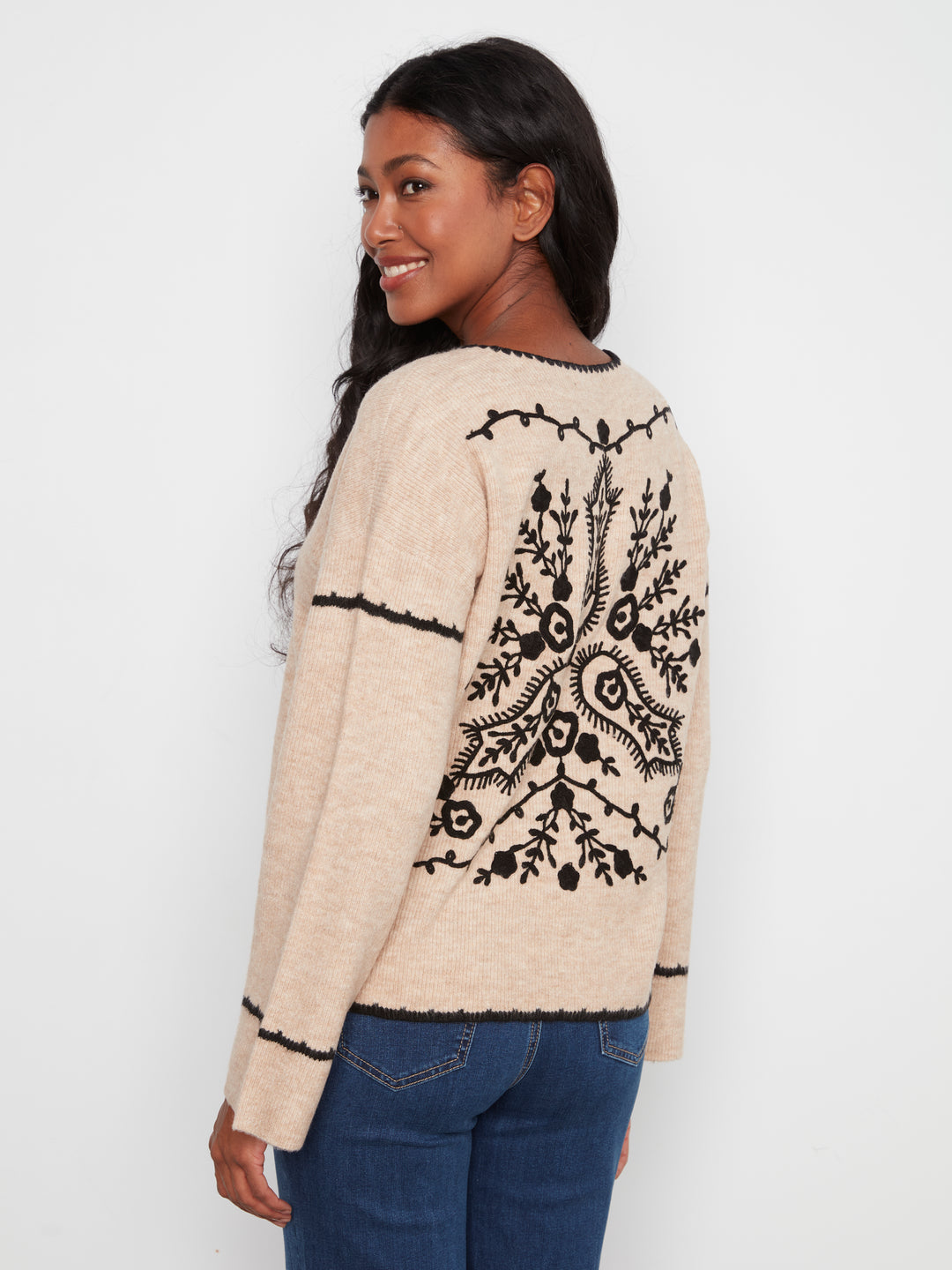 Charlie B Embroidered Ribbed Sweater w/ Notch Neck - Almond