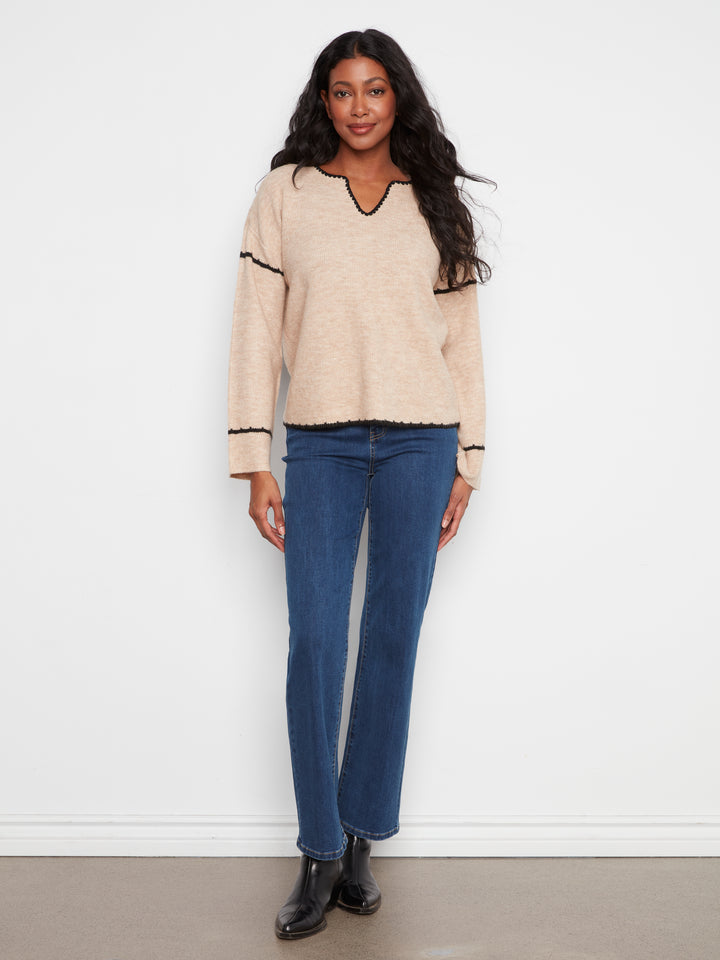 Charlie B Embroidered Ribbed Sweater w/ Notch Neck - Almond