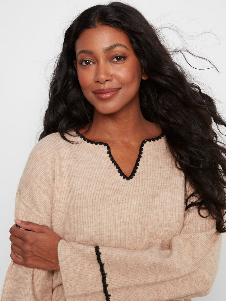 Charlie B Embroidered Ribbed Sweater w/ Notch Neck - Almond