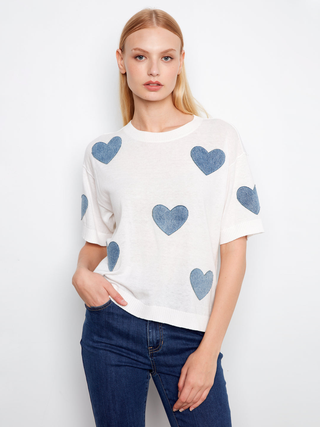 Charlie B Short Sleeve Denim Hearts Sweater
