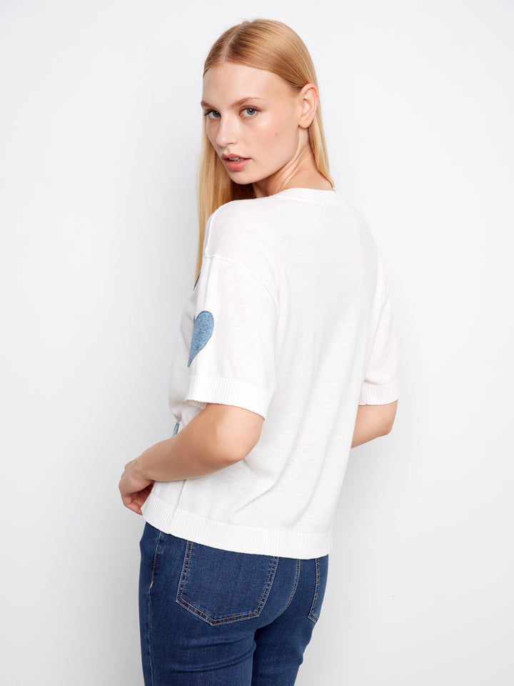 Charlie B Short Sleeve Denim Hearts Sweater