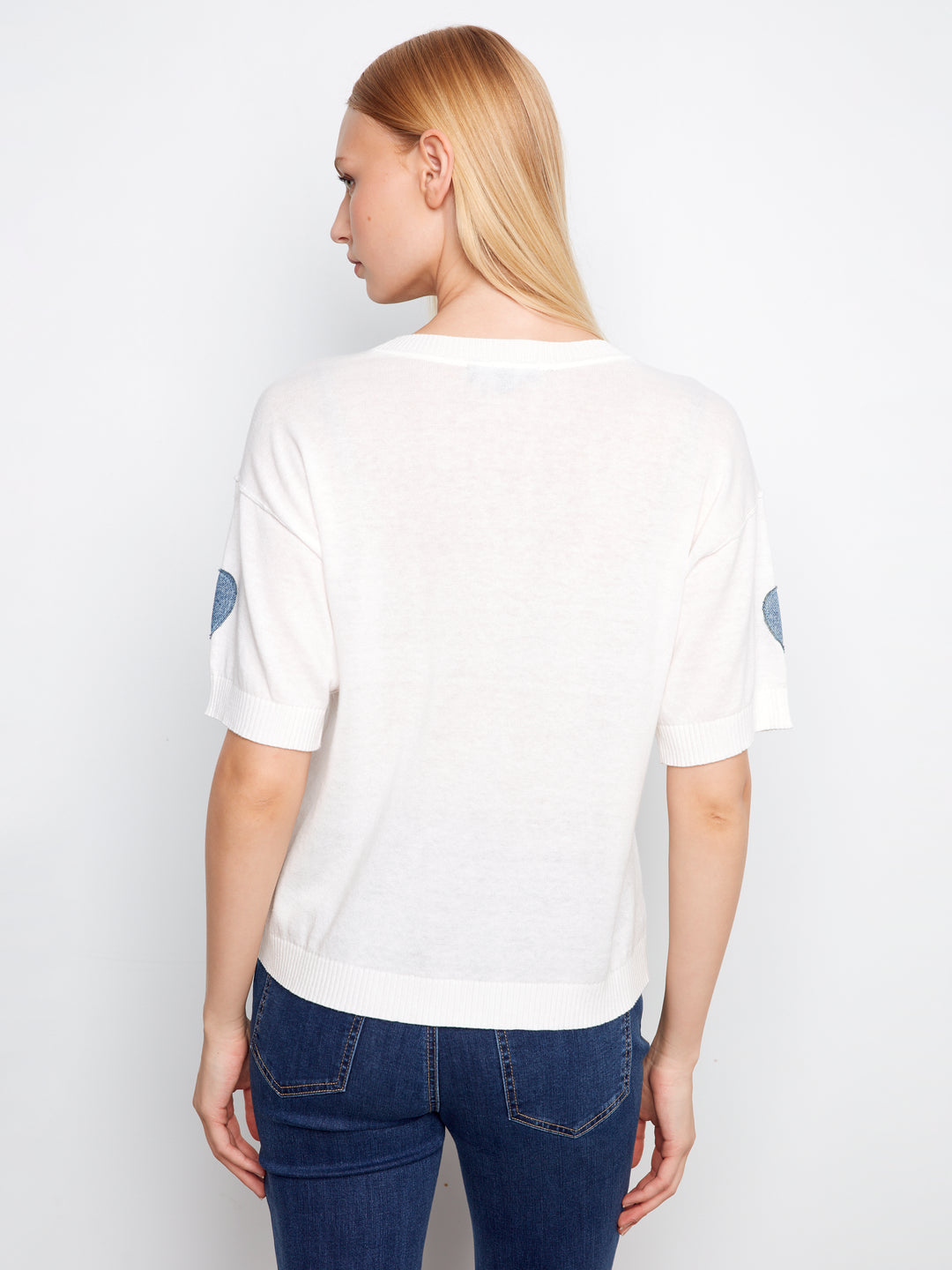 Charlie B Short Sleeve Denim Hearts Sweater