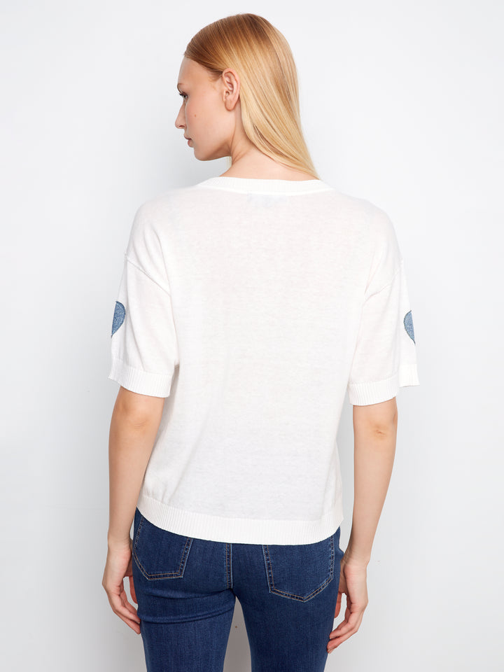 Charlie B Short Sleeve Denim Hearts Sweater