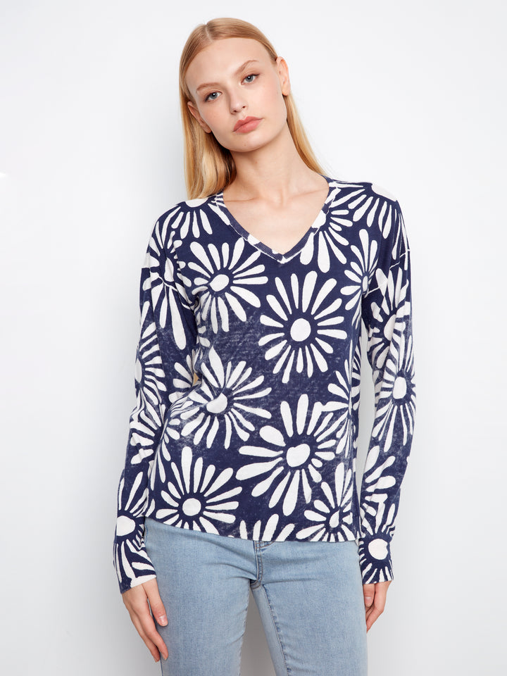 Charlie B Reversible Printed V-Neck Sweater - Nautic