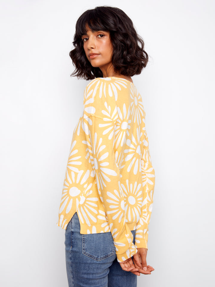 Charlie B Long Sleeve Reversible Printed V-Neck Sweater - Sunkiss