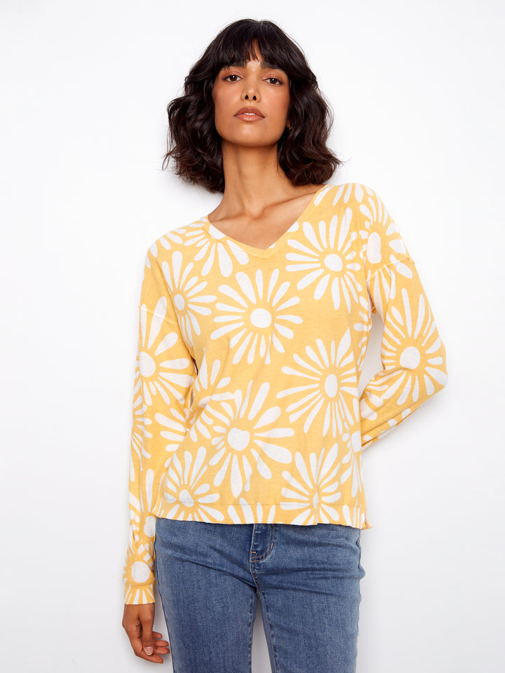 Charlie B Long Sleeve Reversible Printed V-Neck Sweater - Sunkiss
