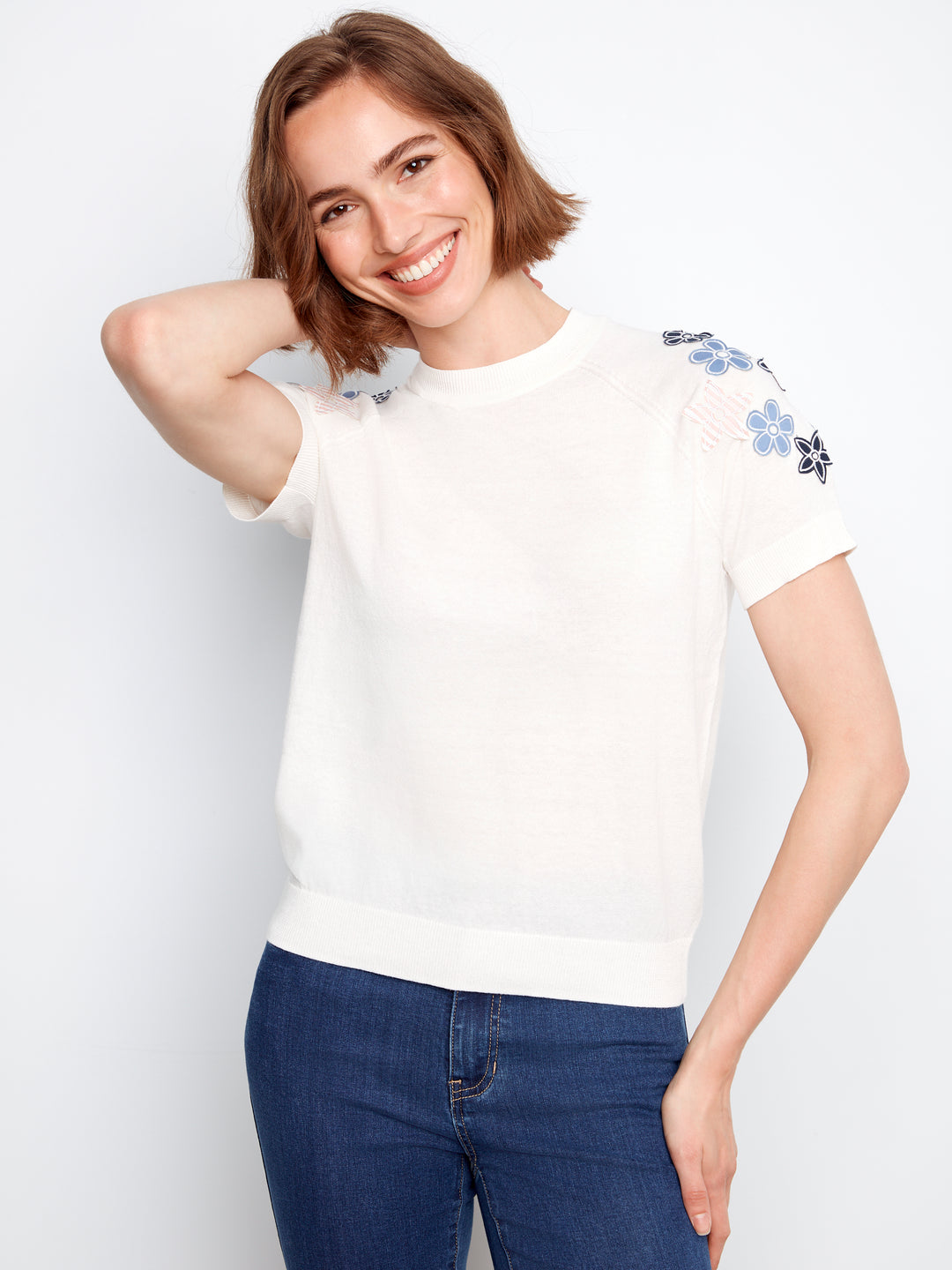 Charlie B Floral Short Sleeve Cotton Knit Top