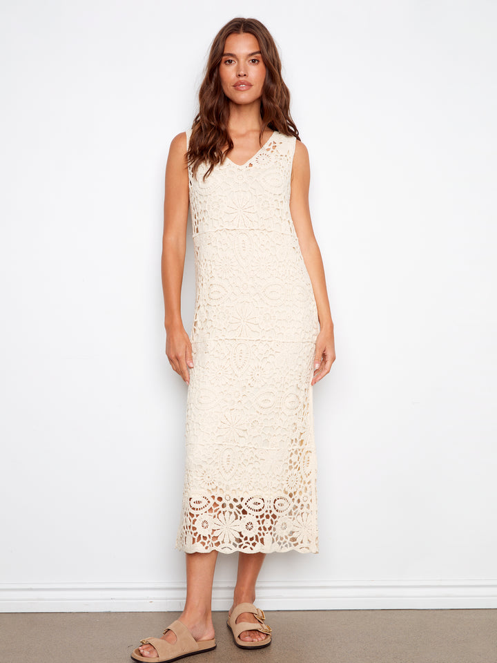 Charlie B Sleeveless V-Neck Lined Crochet Dress - Natural