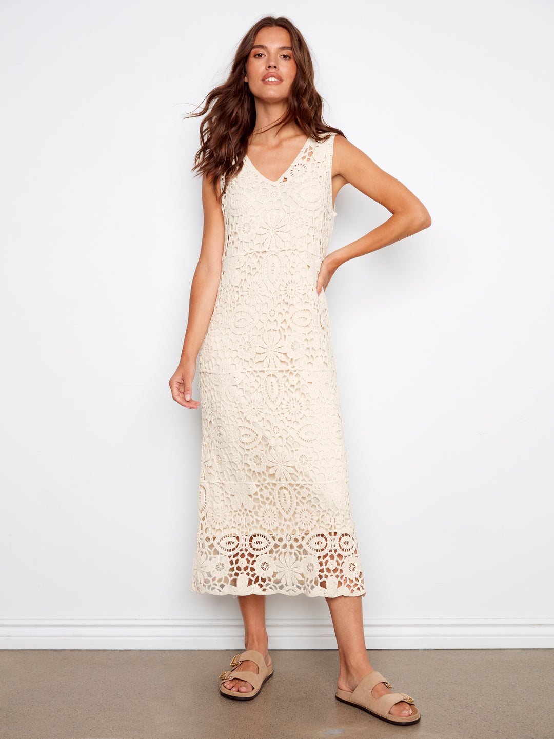 Charlie B Sleeveless V-Neck Lined Crochet Dress - Natural